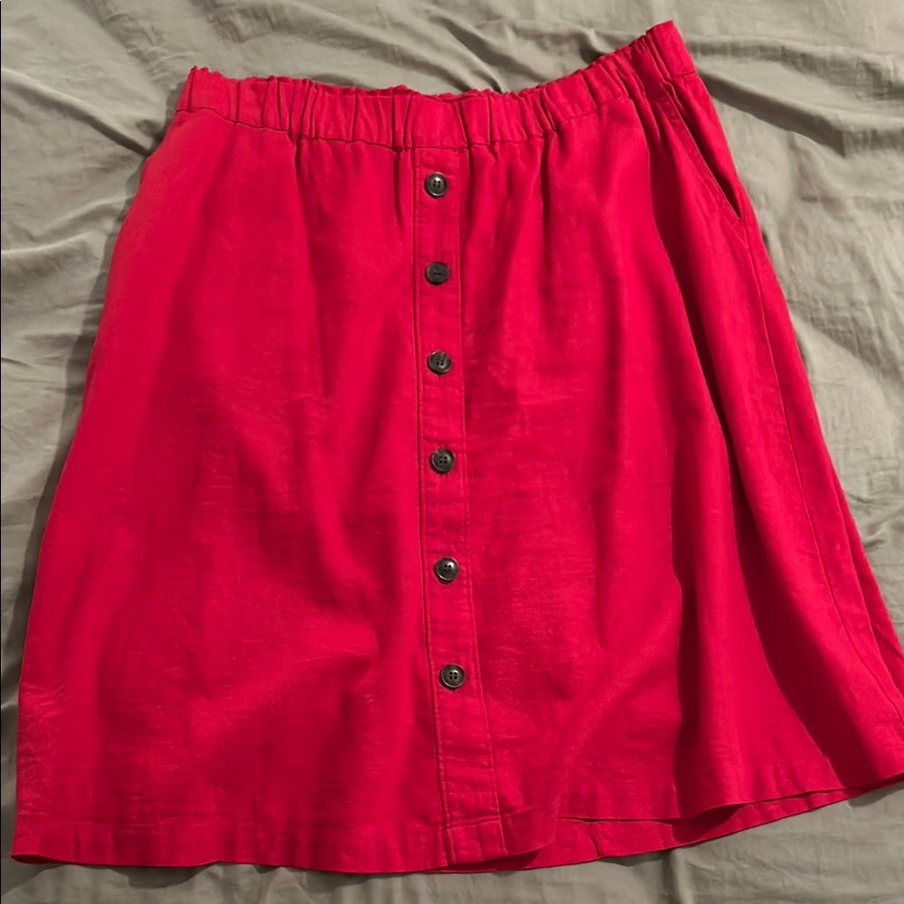 Red Button-Front linen-blend Midi Skirt